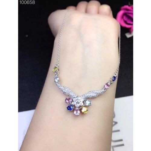 Natural multicolor sapphire Pendant necklace S925 silver Natural gemstone necklace Fashion Flower branch woman wedding jewelery