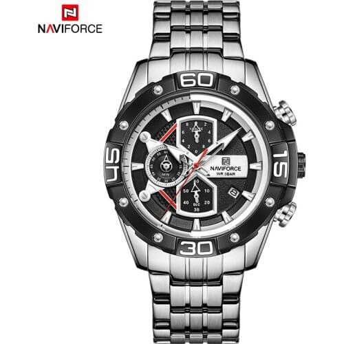 NAVIFORCE Mens Analog Quartz Chronograph Watch with Stainless Steel Bracelet NF8018 Silver Sport Fashion Casual Waterproof Hour