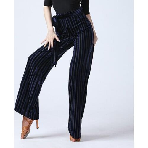 Latin Dance Pants Female Practice Trousers Ladies Modern Dance Wide Leg Pants Velvet Navy Blue Pants Rumba Tango Costumes VO696