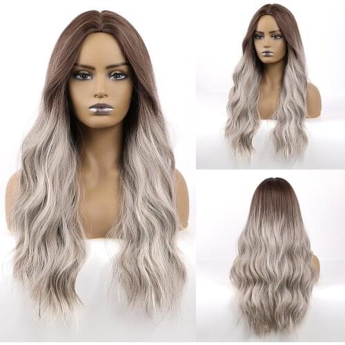 JONRENAU Dark Brown Synthetic Long Water Wave Hair Wigs with Natural Bangs Heat Resistant Fiber Wigs for White Black Women