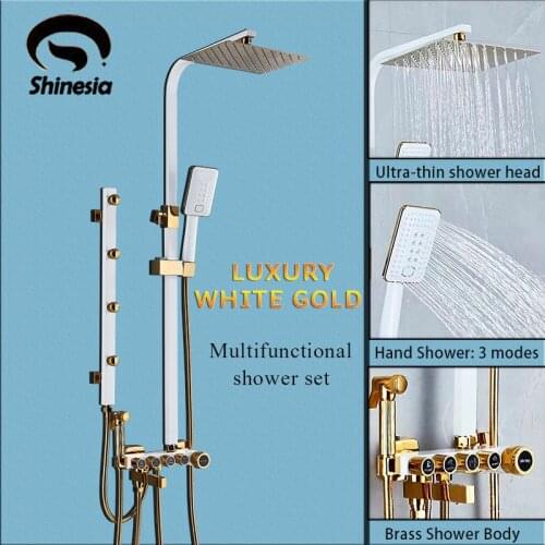 Luxury White Gold Shower Faucet Set 5-Function Switch Wall Mount Rain Shower Head With Hand Shower Bathtub Spout Bidet Tap