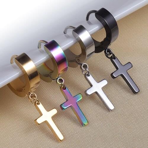 1pc Fake Piercing Earrings Stainless Steel Clip on Non Piercing Earrings for Women Men Cross Gothic Punk Rock Drop Pendiente
