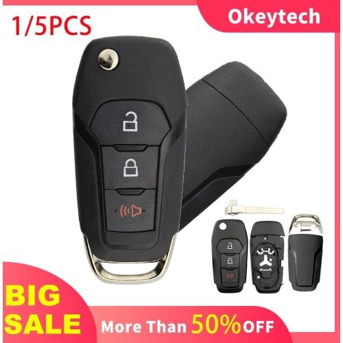 OkeyTech 2+1 Button Flip Folding Car Key Shell Case Fob for Ford Focus Fusion Mk2 Mk7 Explorer Ranger Uncut HU101 Blade 1/5PCS