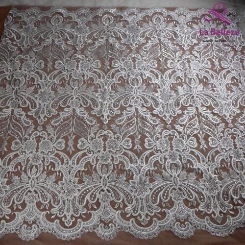 High quality off white polyester with clear sequins wedding dress/stage dress lace fabric 1yard