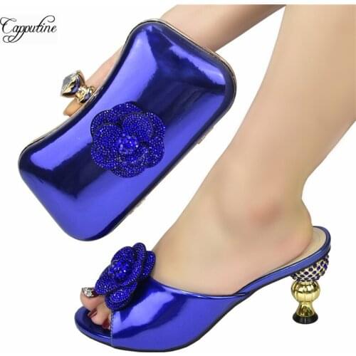 Royal Blue Slippers Shoes And Bag Set African Women High Heels Sandals Matching With Purse Handbag Pumps Clutch 938-15 8CM