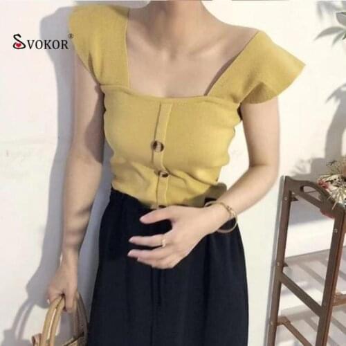 SVOKOR Vintage Tank Tops Square Neck Bottoming Knitted Sling Women Summer Short Sleeveless Buttons Camisole