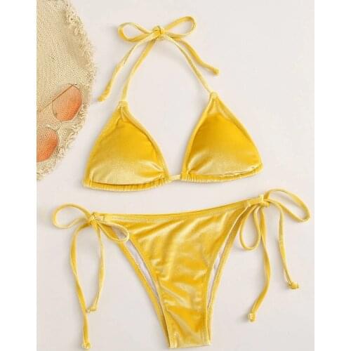 Velvet Solid Color Swimsuit Women Bikinis Swimwear Female 2 pieces Low Waist Padded Bathing Suit Swim Wear Bikini Set