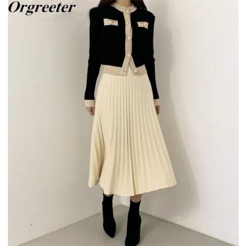 2020 Fall Winter New OL Single Breasted Pearl Buttons Cardigan Sweater+High waist Pleated Long Skirt Knitted 2 Piece Set Women