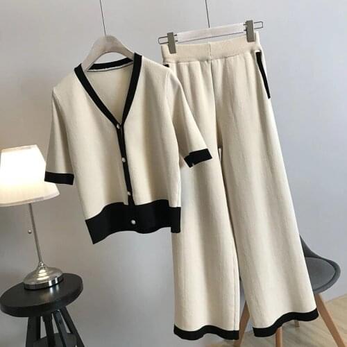 2021 New Spring Summer Thin Knitted Set Two-Piece Women Suit Cardigan Plus Size Western Style Wide Leg Pants Female Outerwear