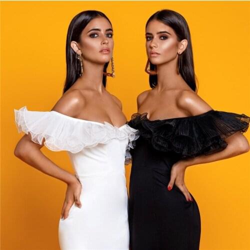 Black White Slash Neck Fashion Mini Skinny Slit Womens Dress Bandage Evening Party Dress