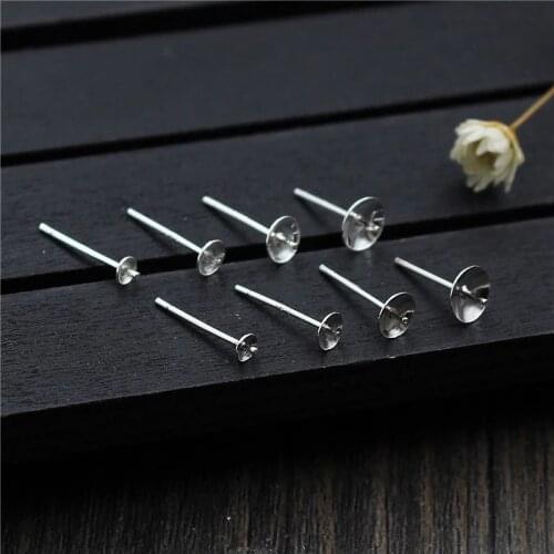 4pcs/lot 100% 925 Sterling Silver Stud Earring Cabochon Base Earring Pin With Bead End Cap DIY Jewelry Making 3mm 4mm 5mm 6mm