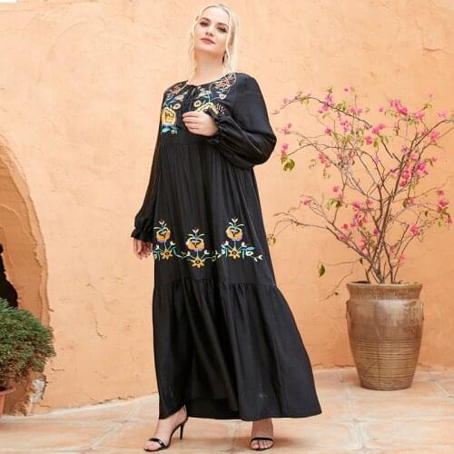African Emrbodiery Vintage Maxi Dress 2021 Casual Floral Ruffle Muslim Long Dress Islamic Black Abaya Dubai Turkey Hijab Dress