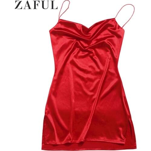 ZAFUL Women Sexy Mini Dress Side Slit Satin A Line Spaghetti Strap Cami Dress Sleeveless Party Dresses Night Club Summer Vestido