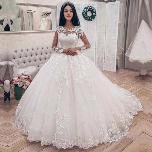 Long Sleeves Princess Ball Gown Wedding Dress 2020 Appliques Beading Bridal Gowns Vestido De Novias Elegant Sheer Tulle Dresses