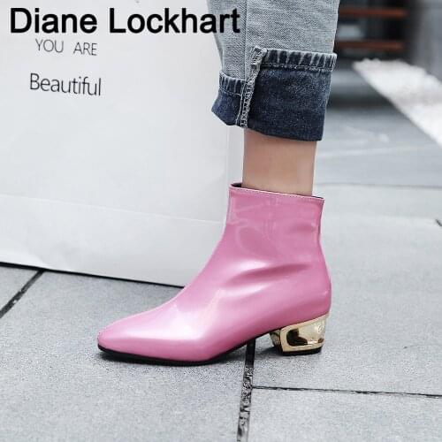 Women Boots Shiny Patent Leather Autumn Winter Shoes Woman Spuare Toe Block Heels Peluche Ankle Boots Female Botas Mujer