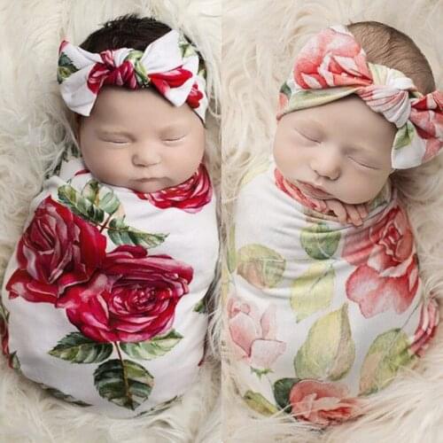 Newborn Photography Prop Baby Blankets Printed Flower Infant Baby Boys Girls Sleeping Cotton Swaddle Muslin Wrap +Headband 2PCS
