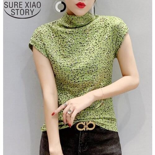 2020 Spring & Summer New Style Cotton High Collar Leopard Printed Tees Slim Fit Casual Sleeveless Base T Shirt Female 8628 50