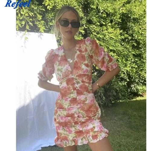 Spring summer women mini dress red floral print v-neck puff sleeve high waist party femme vestidos mujer