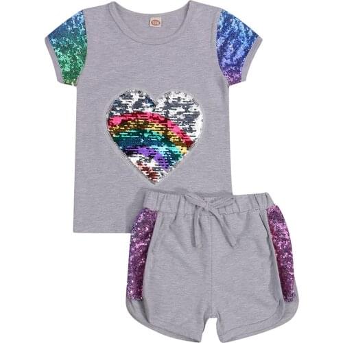 Fashion Toddler Kids Baby Girl Summer Clothes Set 2pcs Casual Heart Sequins Short Sleeve Tops T-shirt Shorts Outfits Set 2-7Y
