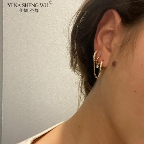 Fashion Hip hop Punk Two Hole Piercing Earrings for Women Brilliant Crystal Zircon 3 Metal Color Chain Earring Partys Jewelry