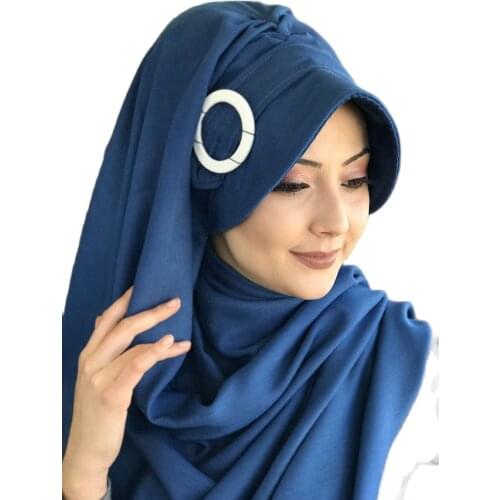 New Fashion 2021 Muslims Headscarf Islamic Clothing Turban Spring Summer Foulard Scarf Dark Blue Buckle Womans Hat Shawl