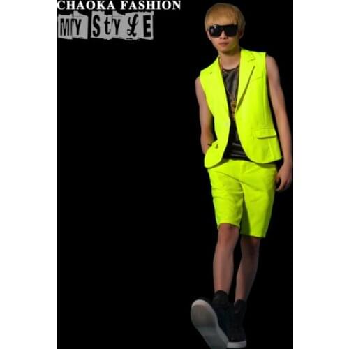 Men vest set Fluorescent yellowish green clothing camiseta personalized singer dance stage street star style dress