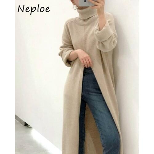 Neploe Chic Loose Casual Split Pullovers Autumn Winter Turtleneck Korean Knitted Sweater Solid Color Fashion Tops Women 1G697
