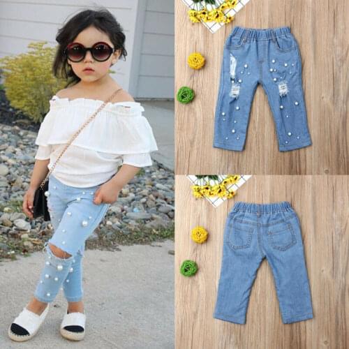 Baby Girls Clothes Blue Denim Jeans Pants Summer Casual Pearls Hole Fit Jeans Toddler Girl Kids Ripped Elastic Trousers