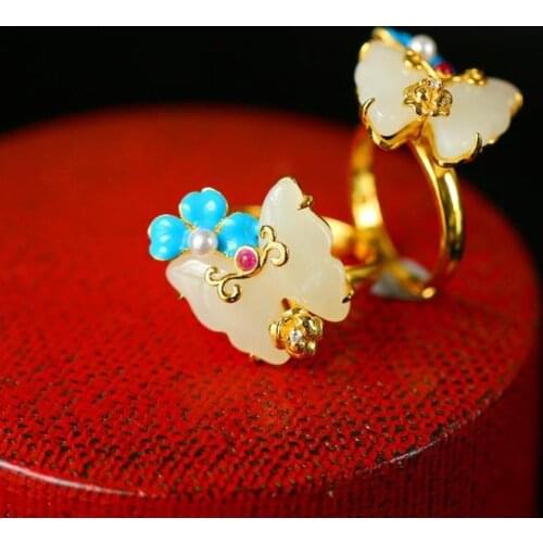 Original design natural Hetian white jade butterfly open ring Chinese enamel porcelain light luxury romantic silver jewelry
