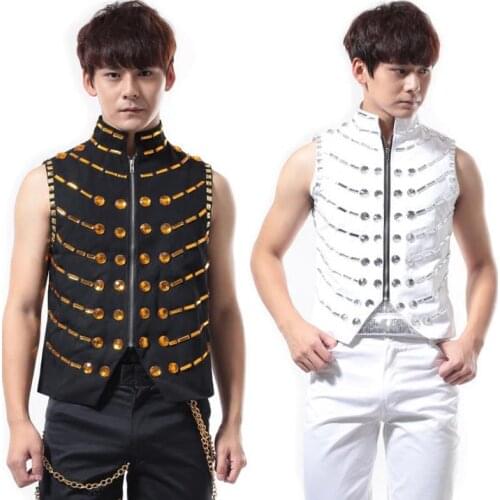Original stand collar men beads vest clothing camiseta tirantes hombre personalized singer dance stage street star style dress