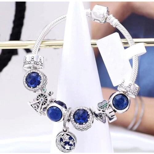 New 925 Sterling Silver Blue Star Pendant Cats Eye Beads With Classic Button Bracelet Fit Original Pan Charm Diy Jewelry
