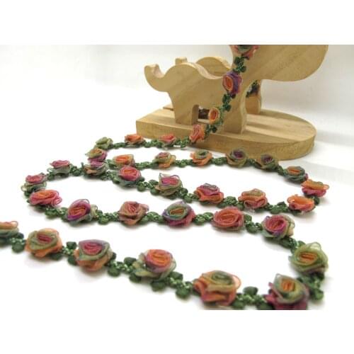 Special Edition|Compact Colorful Ombre Rose Buds on Green Woven Rococo Ribbon Trim|Decorative Floral Ribbon|Scrapbook