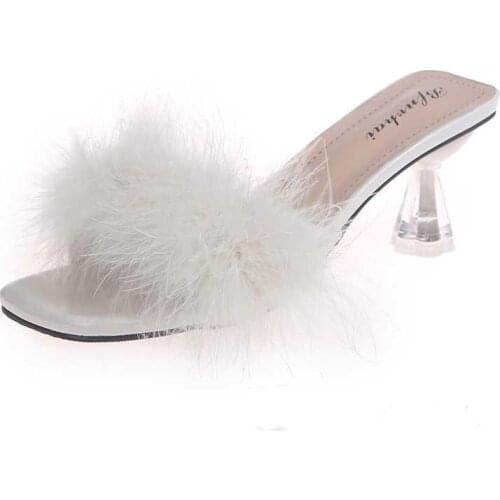 2021 Summer Fashion Plush Sexy Slippers Ladies Fashion Plush Shoes Square Toe High Heel Slippers Ladies