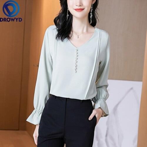 2021 Women Spring Autumn Style Chiffon Loose Blouses Shirts Lady Casual V-Neck Long Sleeve Red Black Beige Blusas Tops DROWYD
