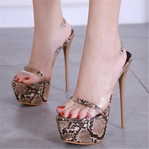 Women Summer Open Toe Comfy Sandals PU Slip On 17CM Thin High Heels fashion Party Snake pattern waterproof shoes for women black