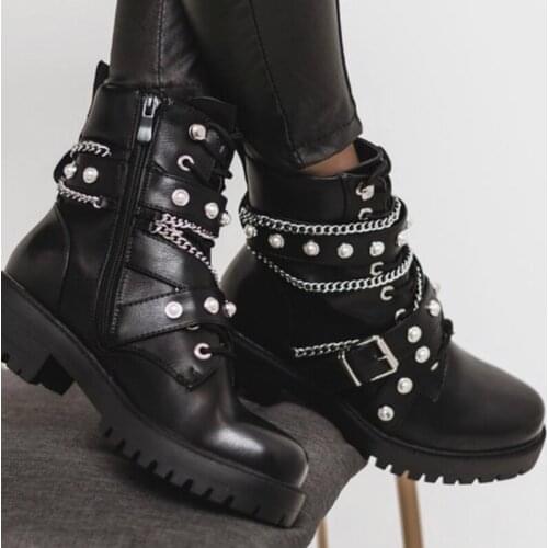 Womens Motorcycle Boots Metal Chain Decoration Platform Square Heel Studded Zipper Womens Boots Fashion Womens Shoes