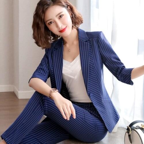 2019 two-piece suit set summer striped summer coat western decoration body slim casual trousers temperament women
