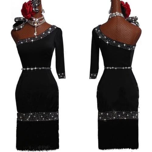 Latin Dance Dress Womens Black Tassel Dress One Sleeve Sexy Wrap Hip Party Stage Dancer Show Competititve Dance Costume BL4362