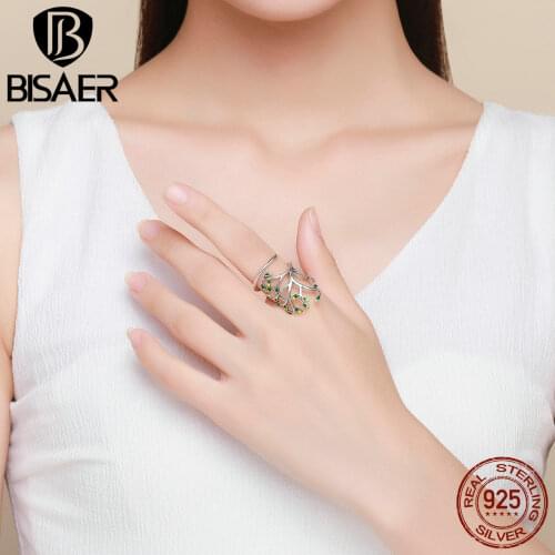 BISAER 925 Sterling Silver Tree of Life Tree Leaves Leaf Adjustable Ring Open Finger Rings for Women Silver Jewelry Anel ECR454