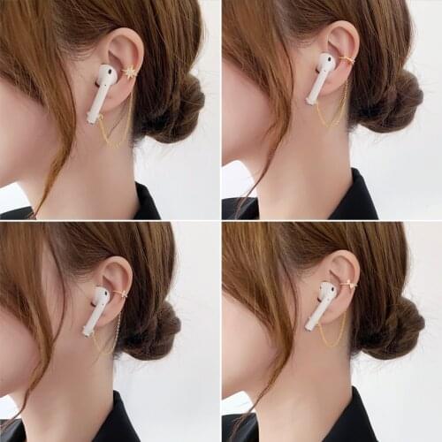 1Pcs Korean Gold Ear Cuff Cartilage Dangle Chain Clip On Tassel Earrings Cross Star Ear Cuffs for Women Fake No Peircing