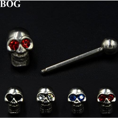 316L Surgical Steel CZ Gemmed Death Head Bone Skull Tongue barbell Piercing Ring Bar With CZ Gem