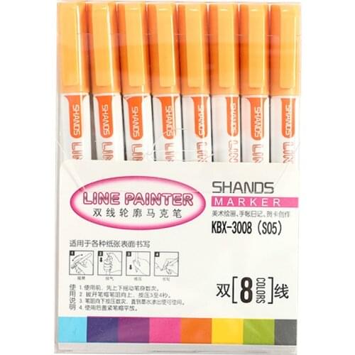 8 Pcs Double Line Contour Pen Color Marker Pen Student Marker Stationery Set EM88
