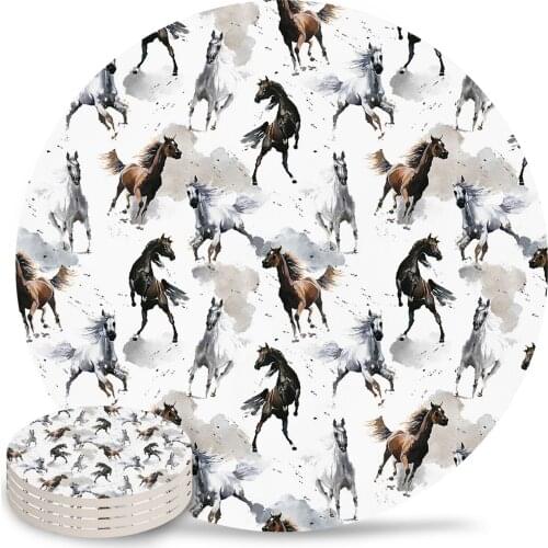 Watercolor Chinese Style Horse Round Coaster Coffee Table Mats Kitchen Accessories Absorbent Ceramic Coasters