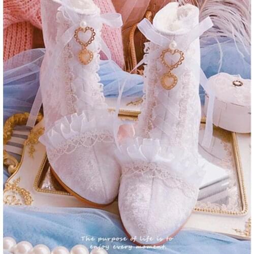 White lace ribbon princess court booties cos Lolita loli Victoria Kawaii japanese Sweet girl Shoes Anime Lolita Shoes Low help