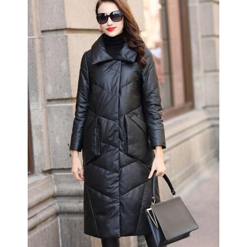Free Shipping New Genuine Lamb Leather Jacket X-long Womens Real Leather Down Coat Sheepskin Garment Wholesale Retail OEM