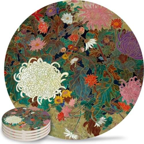 Flower Japanese Painting Ceramic Coasters Waterproof Tea Cup Mat Christmas Home Decor Coasters for Glasses