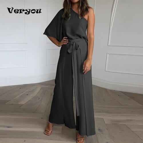 Summer One-shoulder Lace Up Women Jumpsuit Half Sleeve Solid Wide Leg Pants Female Jumpsuits 2021 Elegant Fashion Ladies Rompers