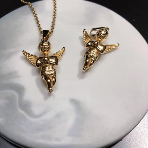 Trendy Gold Stainless SteelGuardian Angel Pendant Necklace Hip Hop Jewelry Angel Cherub Baby Charm Chain Babygirl Valentine Gift