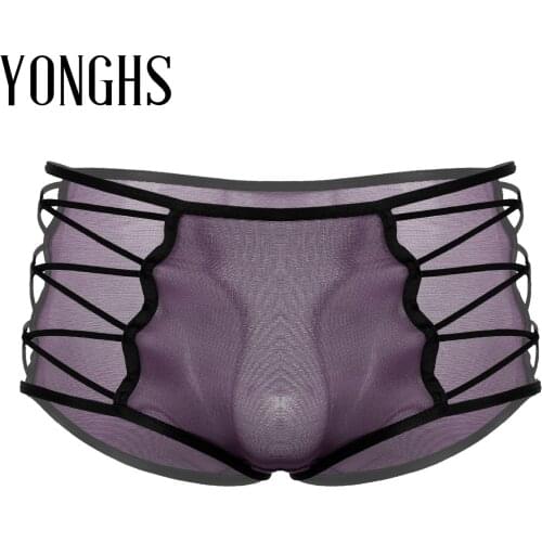 Sxy Mens Lingerie Briefs Underpants Hollow Out Silky Panties Crisscross Mid Waist Cotton Translucent Sexy Underwear