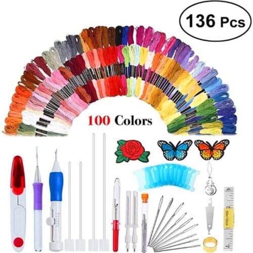 100 Colors Skeins Embroidery Kit Punch Needle Craft Cross Stitch Thread Hoop DIY Sewing Accessory Tools Kit For Beginners Women